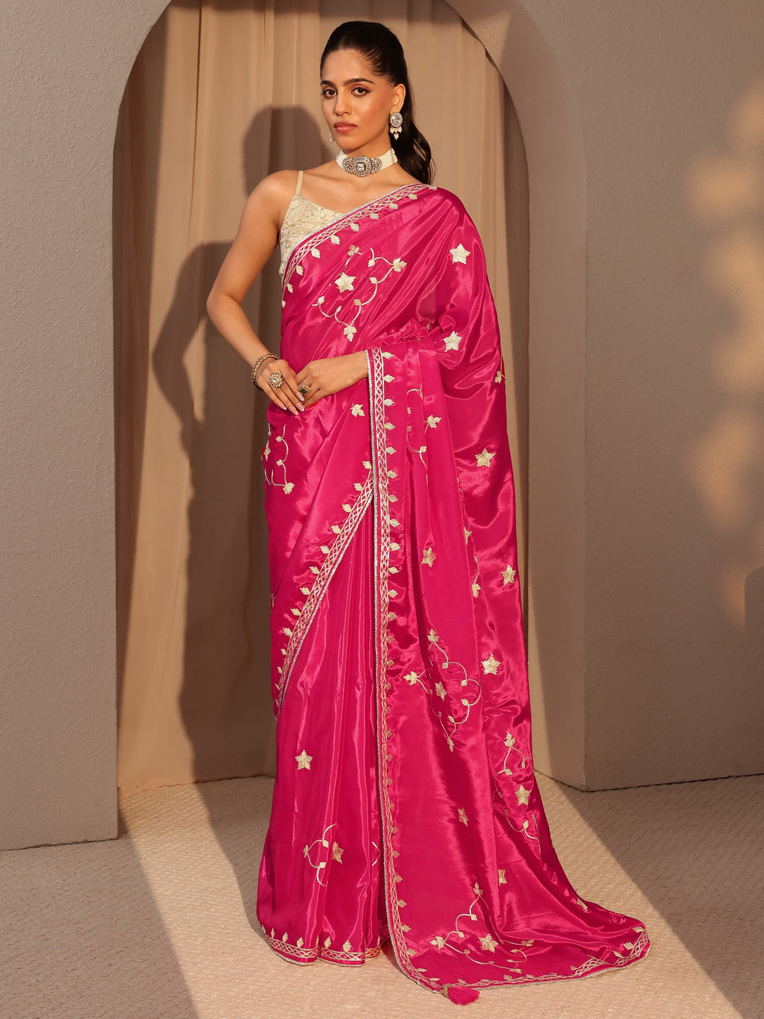  Fuchsia Pink Embellished Satin Saree 