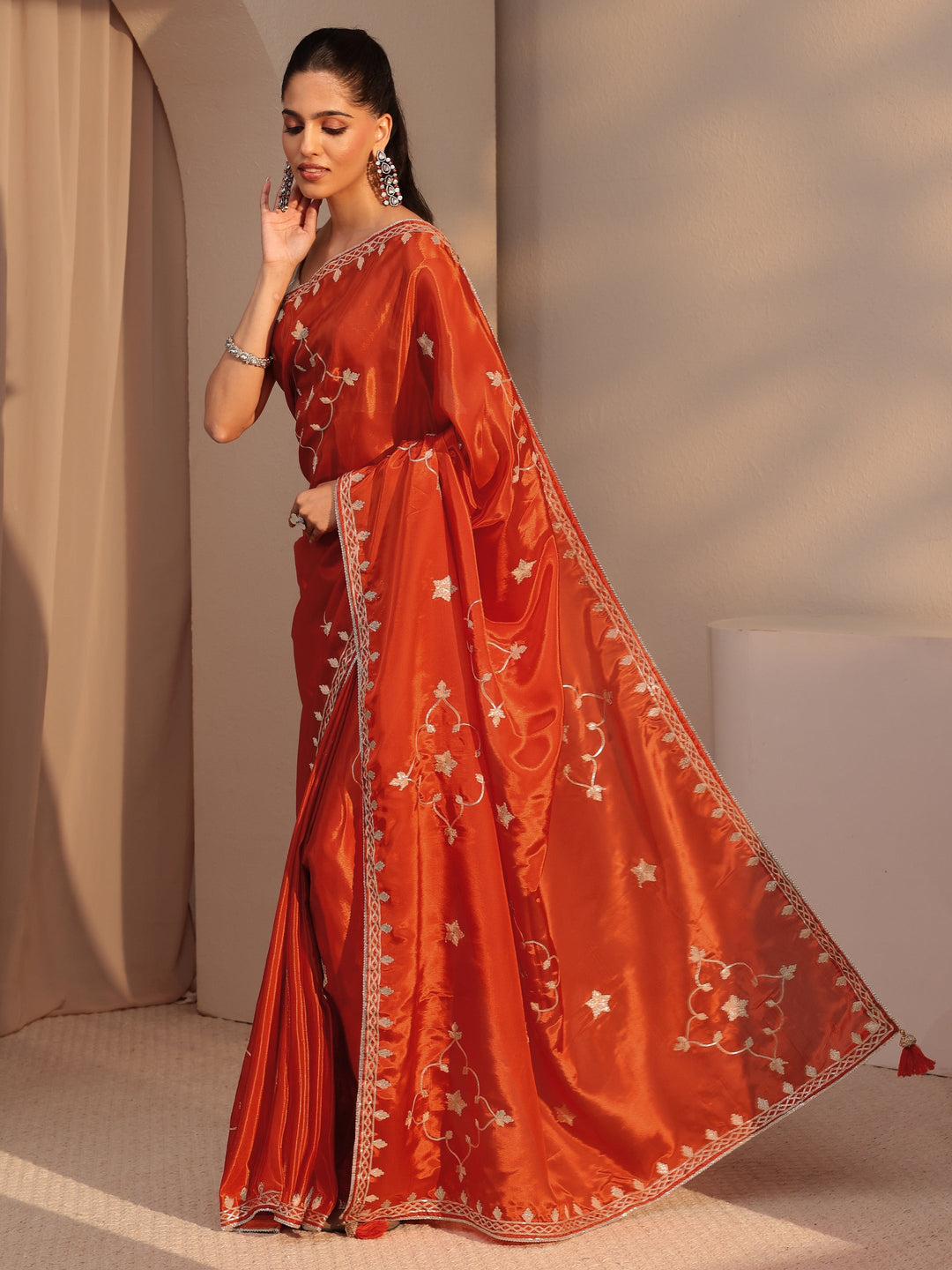 Orange Embellished Satin Saree 