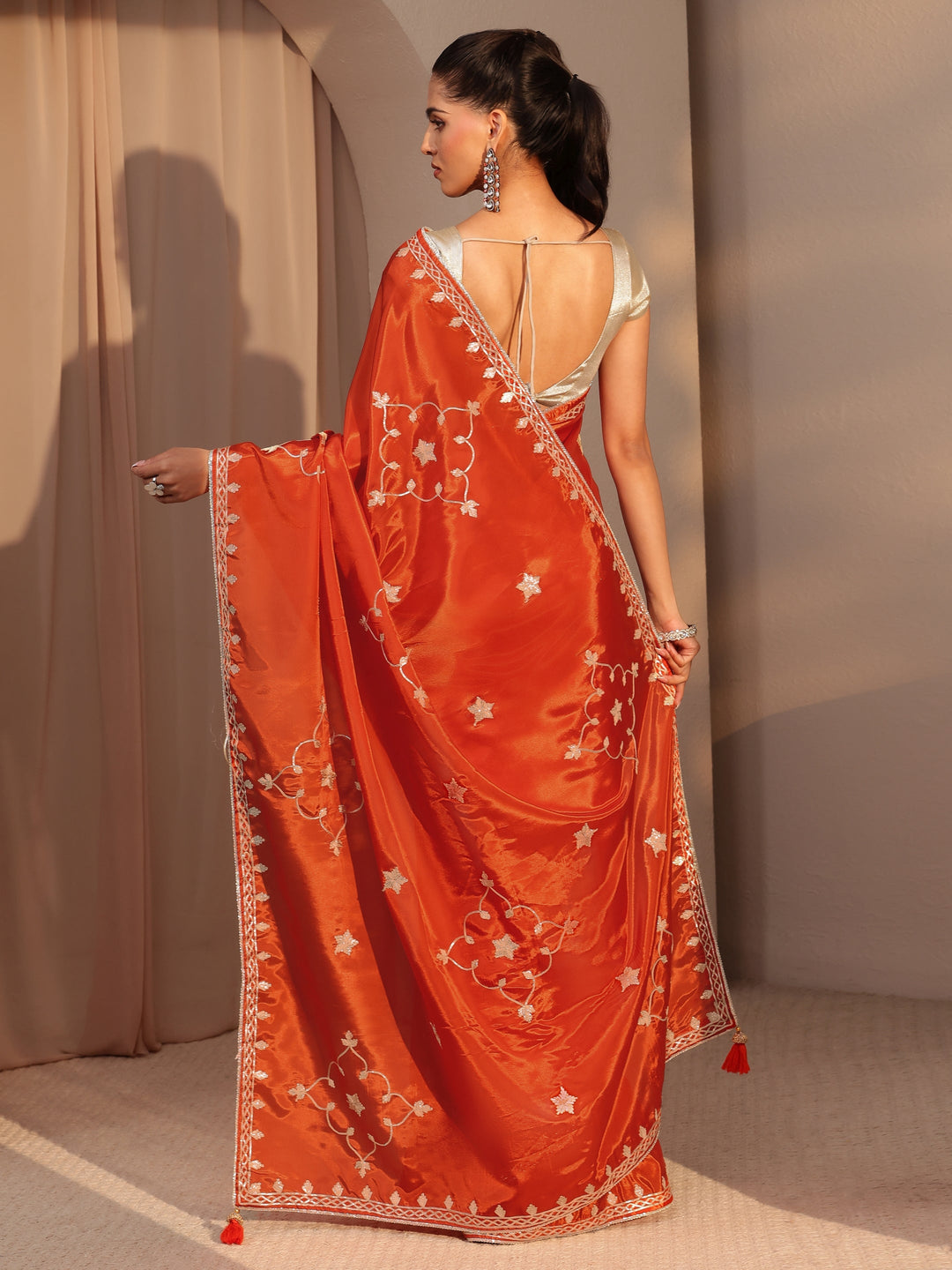  Orange Embellished Satin Saree 