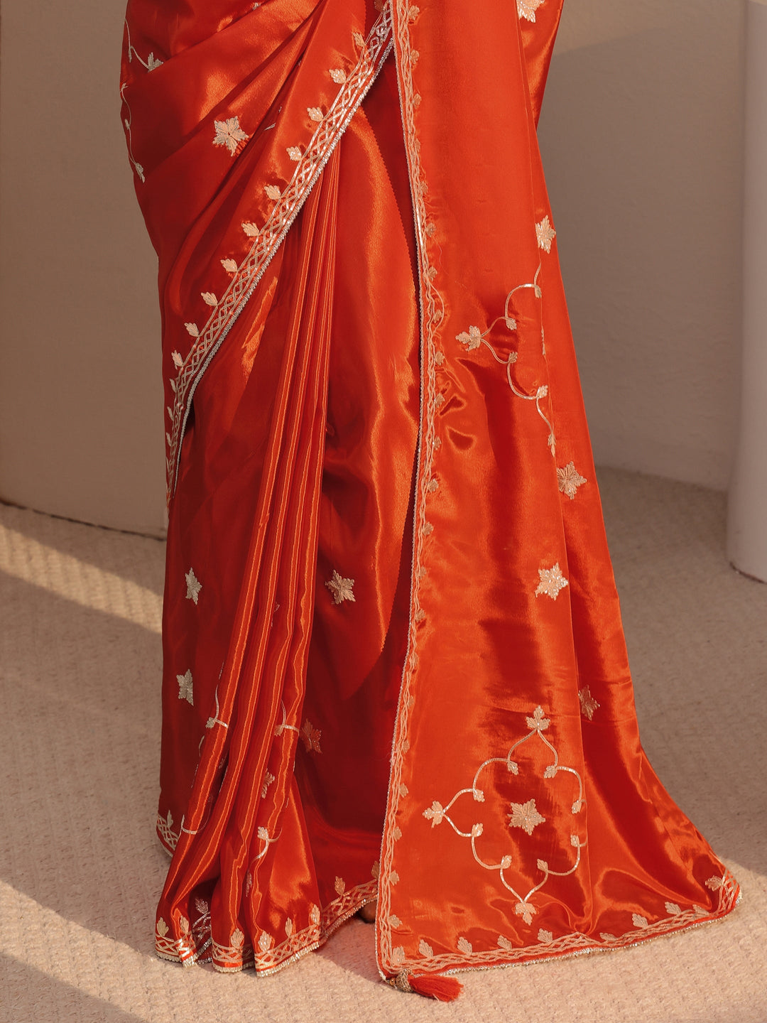  Orange Embellished Satin Saree 