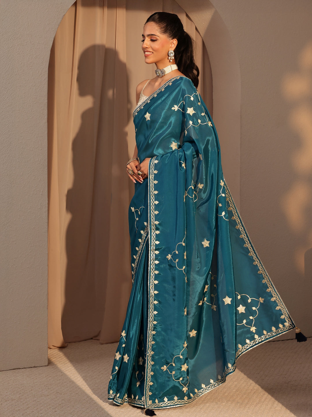  Peacock Blue Embellished Satin Saree 