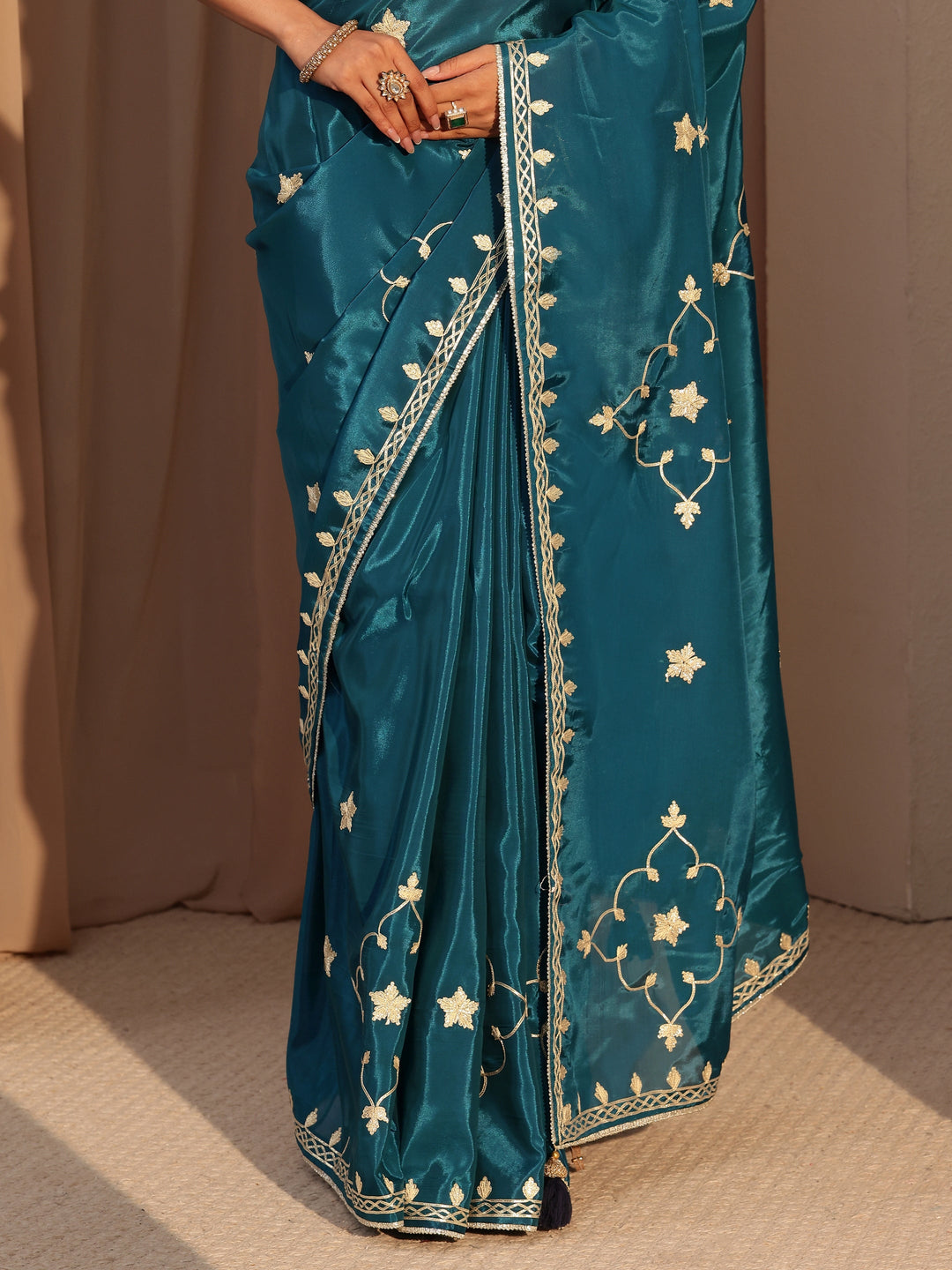  Peacock Blue Embellished Satin Saree 