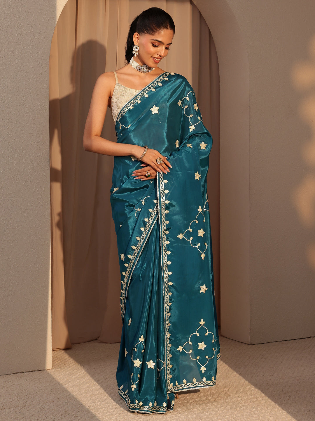  Peacock Blue Embellished Satin Saree 