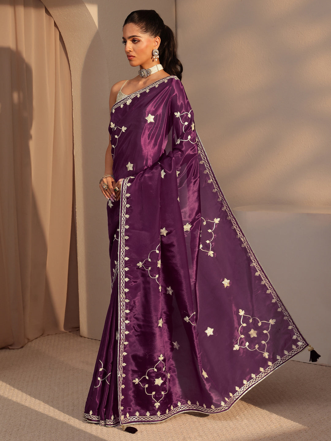  Burgundy Embellished Satin Saree 