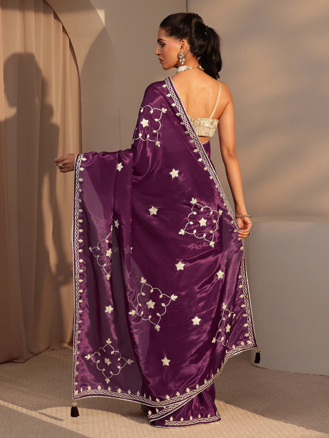  Burgundy Embellished Satin Saree 
