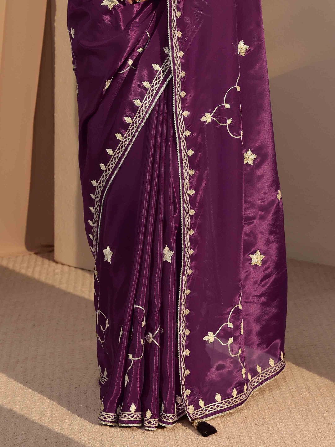  Burgundy Embellished Satin Saree 