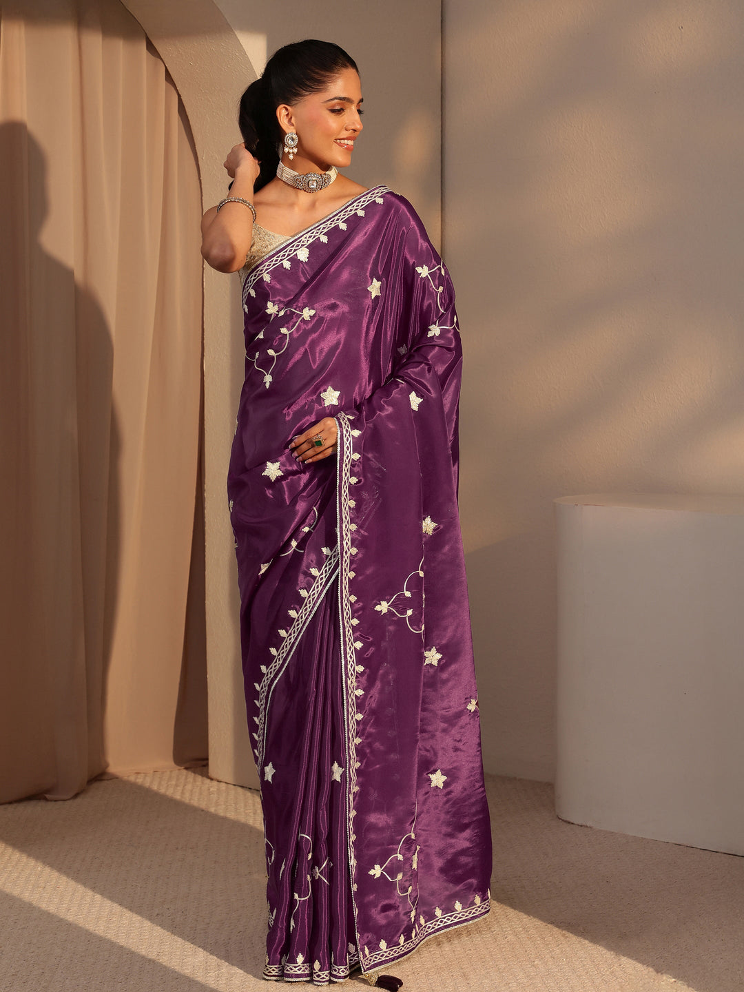  Burgundy Embellished Satin Saree 