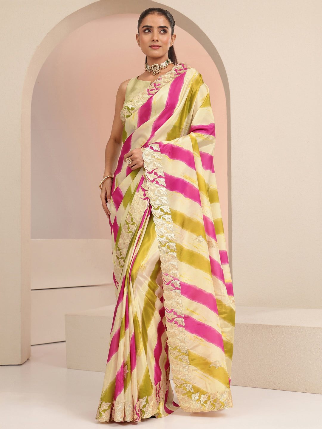  Multi Color Leheriya Printed Satin Saree 