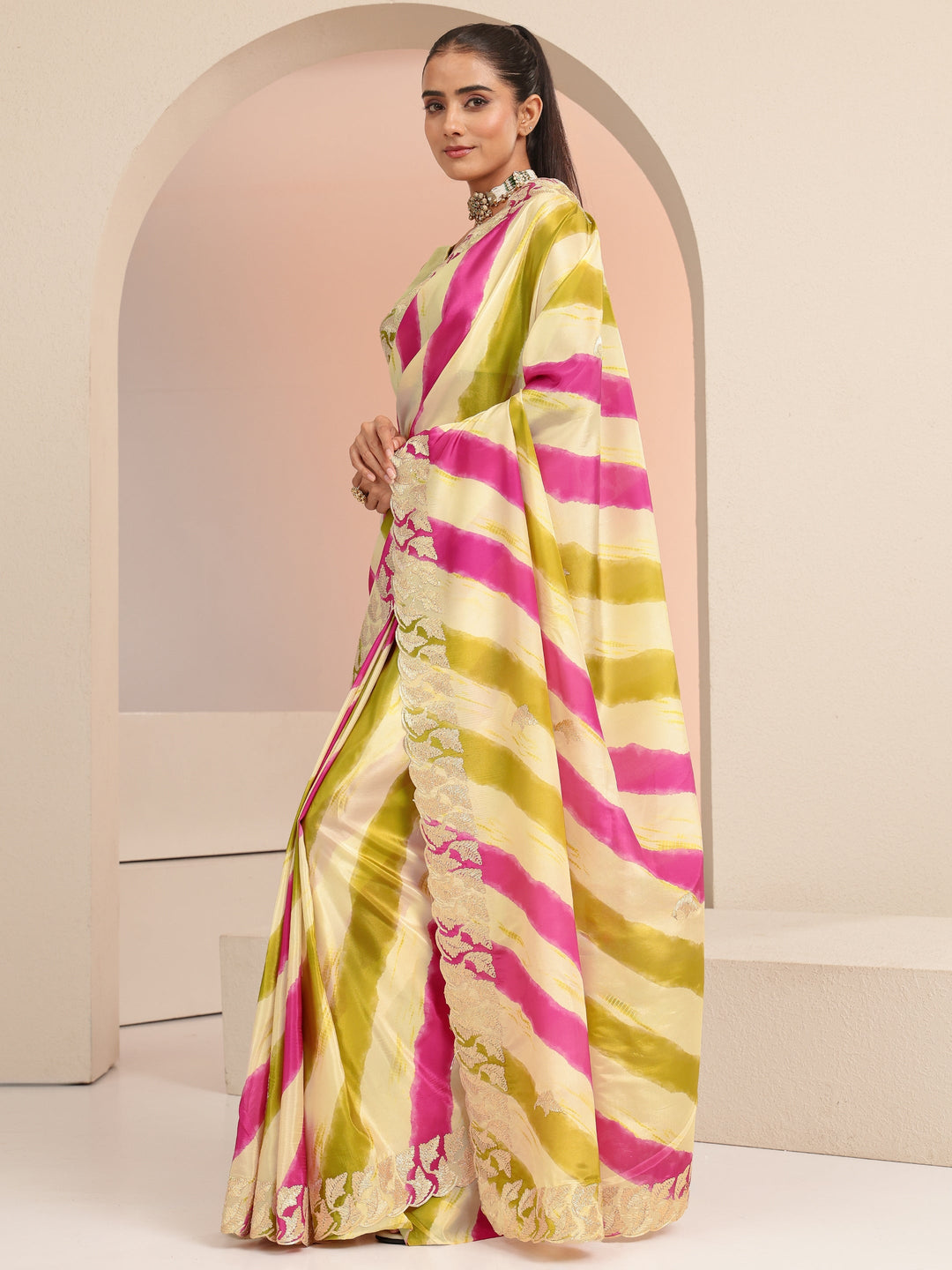  Multi Color Leheriya Printed Satin Saree 