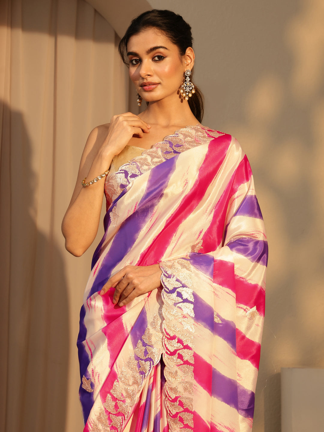  Multi Color Leheriya Printed Satin Saree 