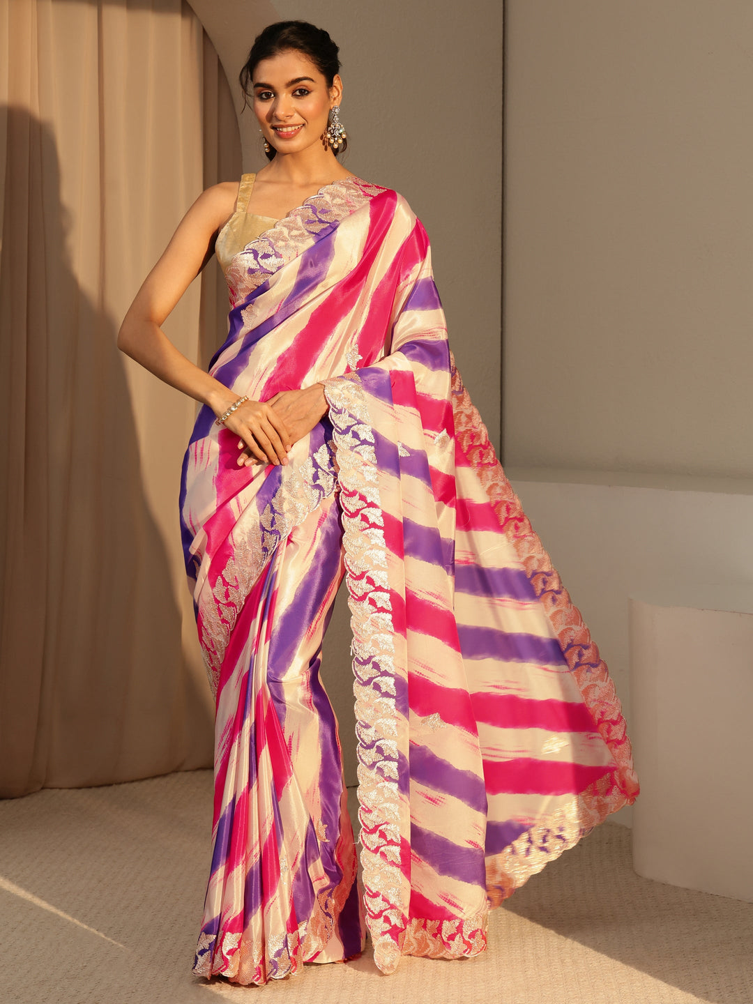  Multi Color Leheriya Printed Satin Saree 