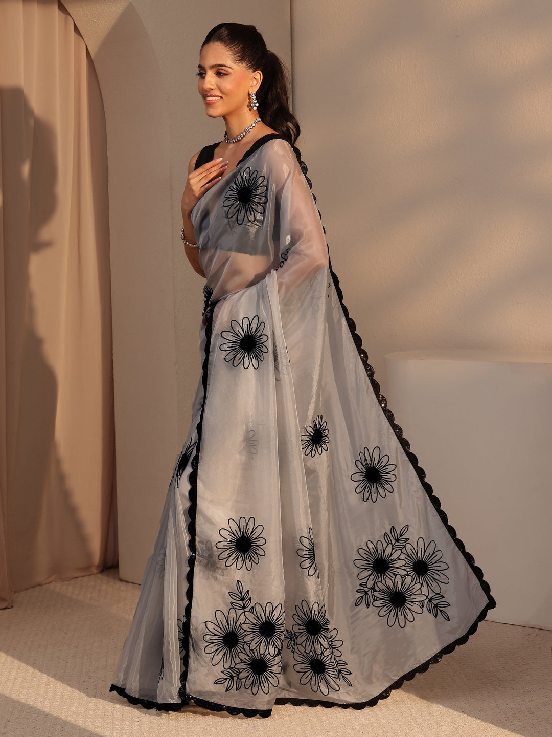  Grey Floral Embroidered Tissue Saree 