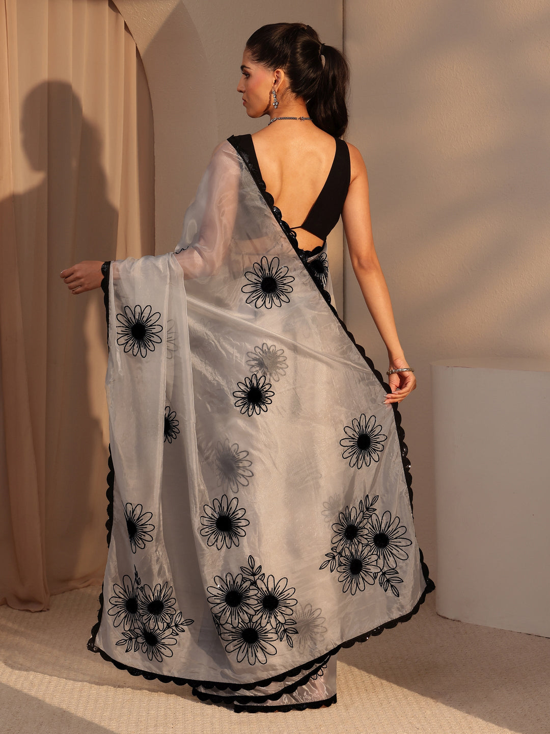  Grey Floral Embroidered Tissue Saree 