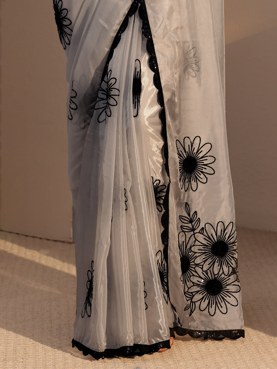  Grey Floral Embroidered Tissue Saree 