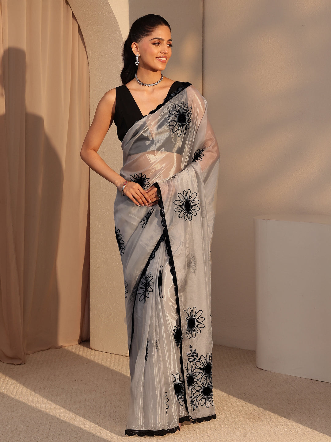  Grey Floral Embroidered Tissue Saree 