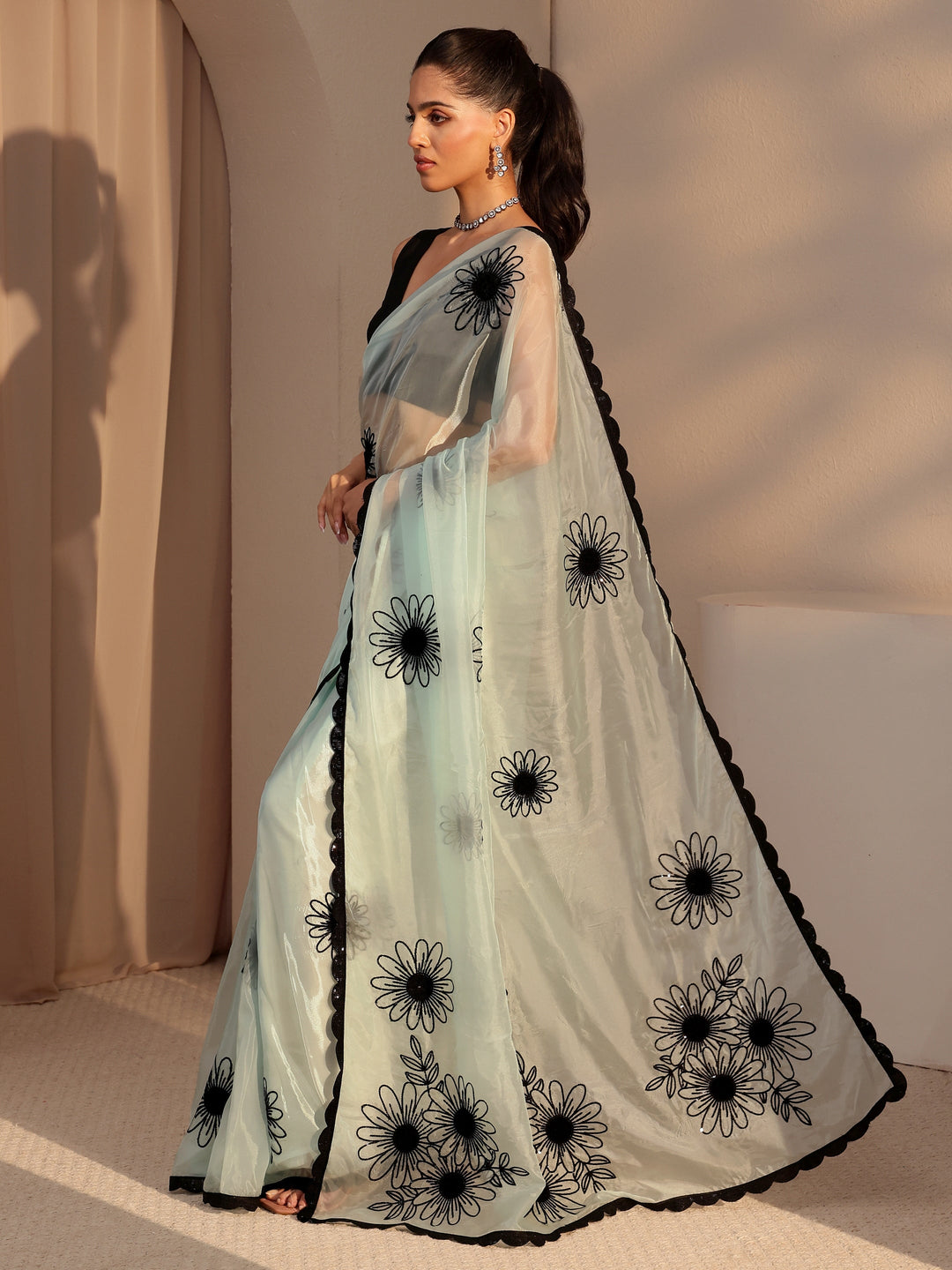  Sky Blue Floral Embroidered Tissue Saree 