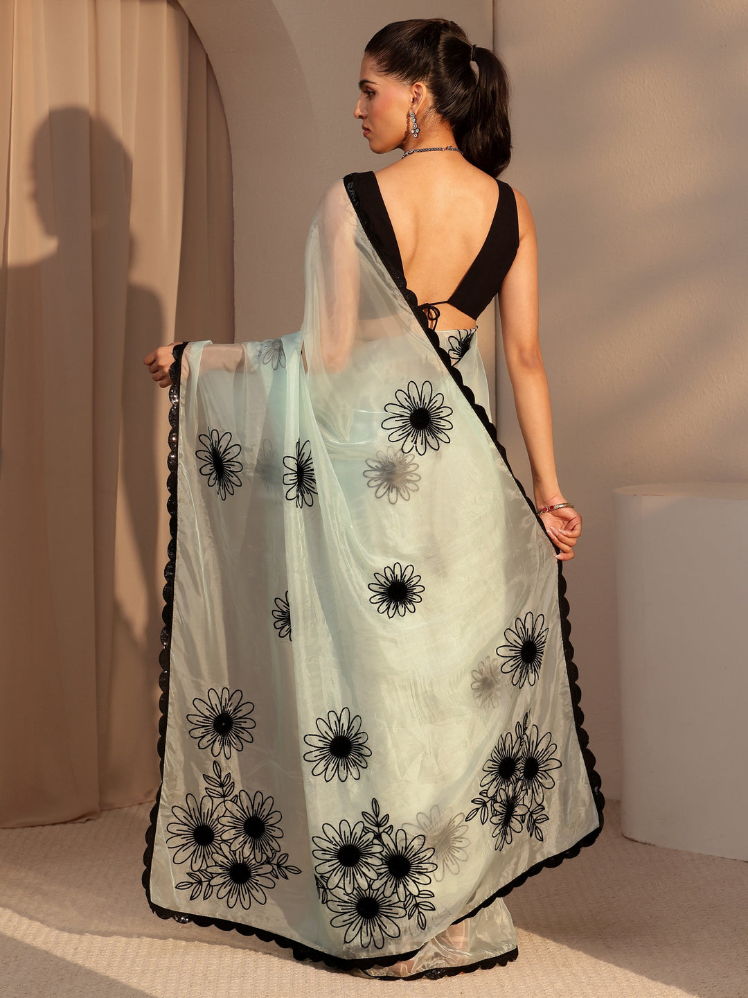  Sky Blue Floral Embroidered Tissue Saree 