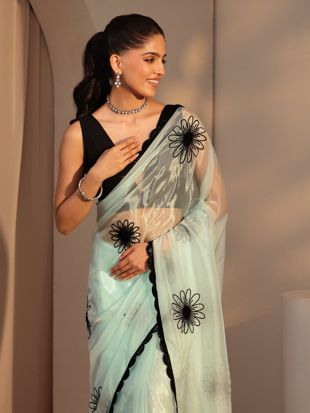 Sky Blue Floral Embroidered Tissue Saree 
