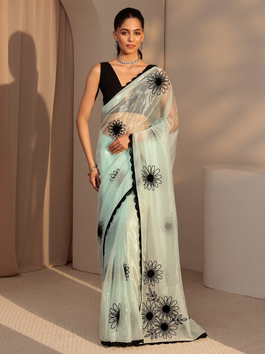  Sky Blue Floral Embroidered Tissue Saree 