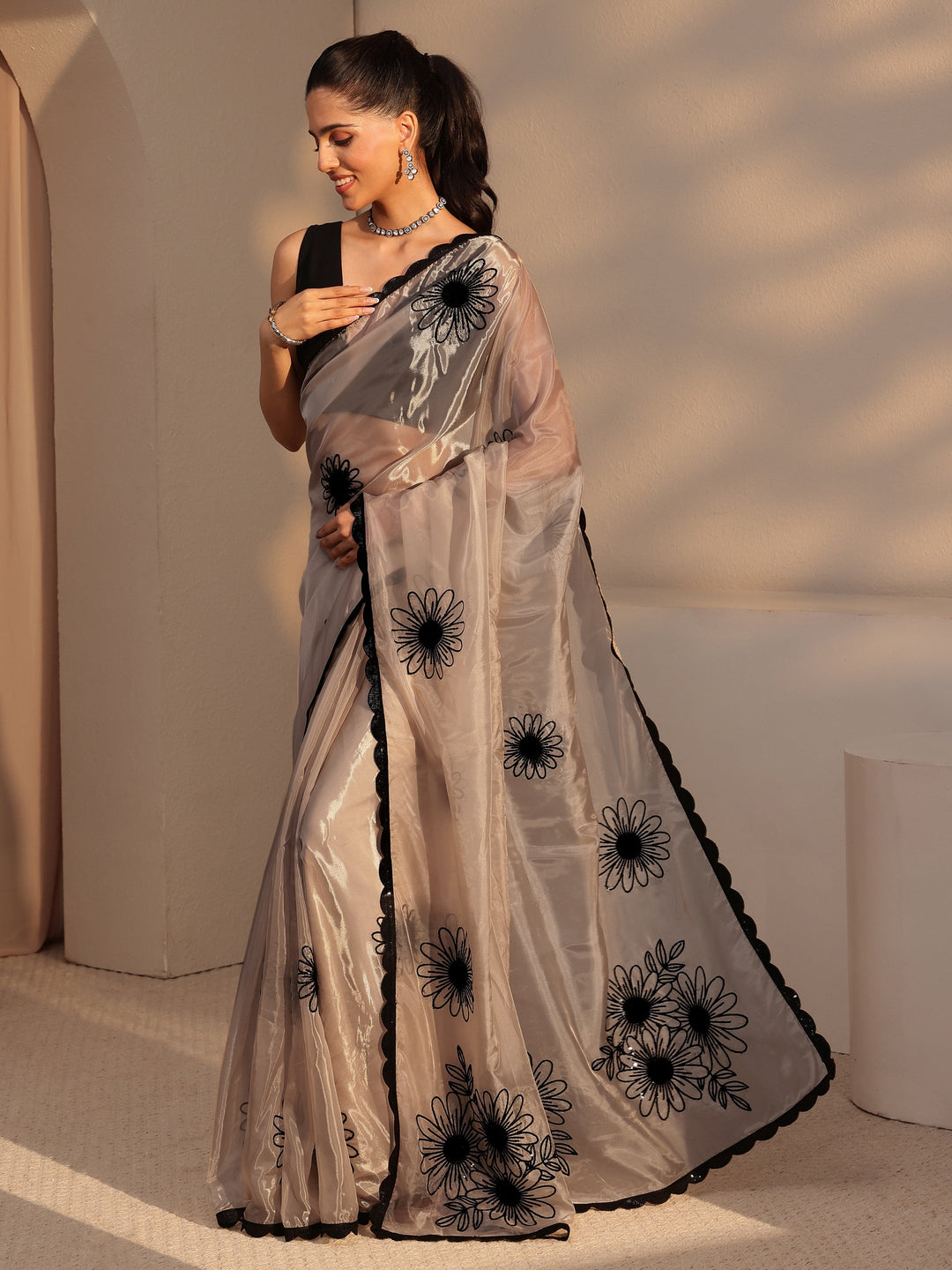  Taupe Floral Embroidered Tissue Saree 