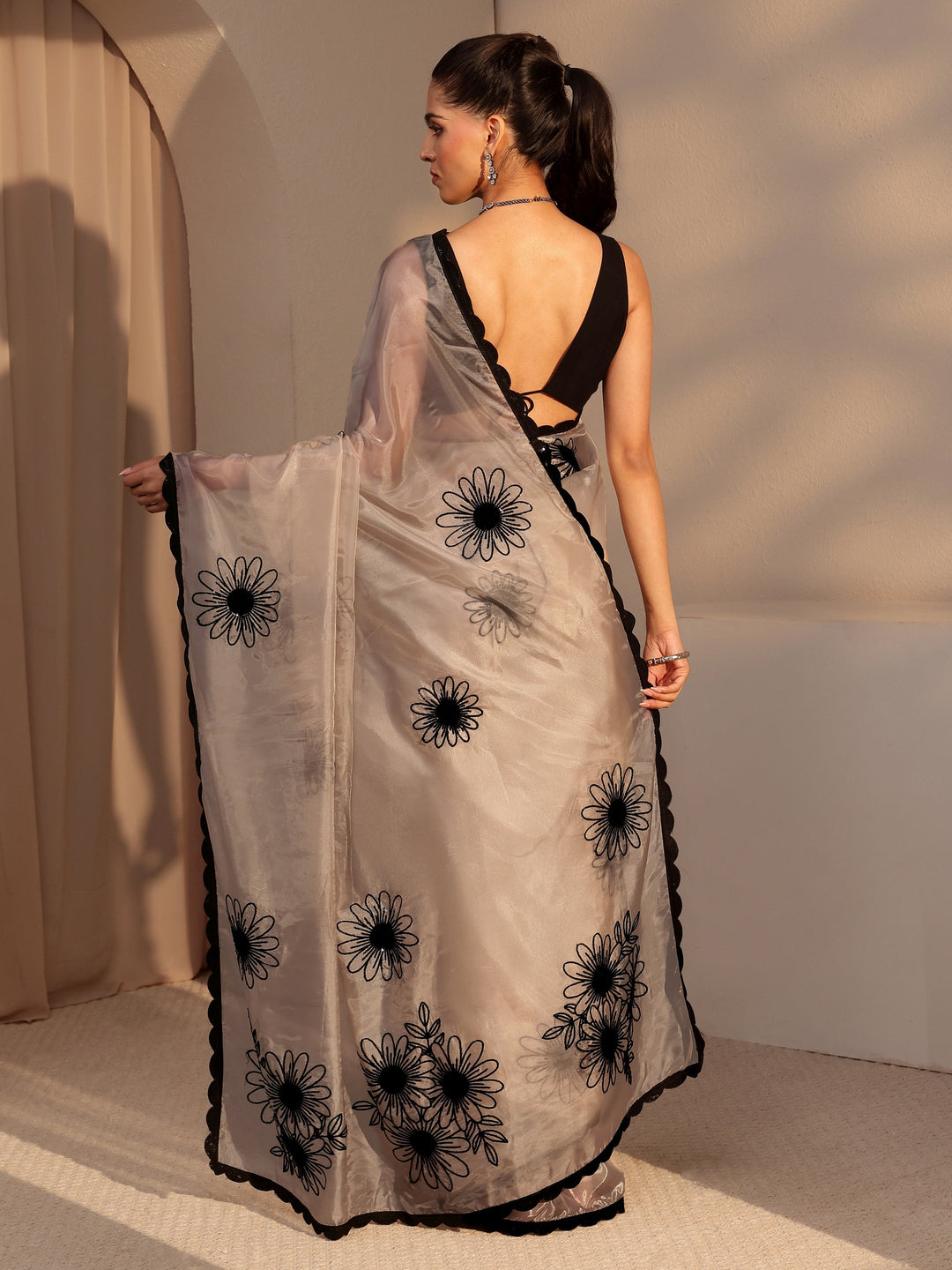  Taupe Floral Embroidered Tissue Saree 