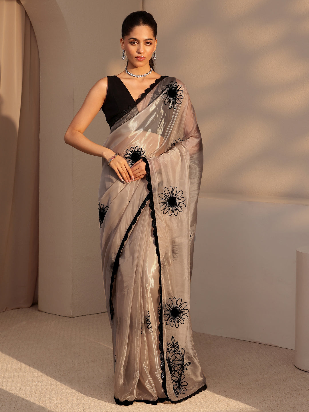  Taupe Floral Embroidered Tissue Saree 