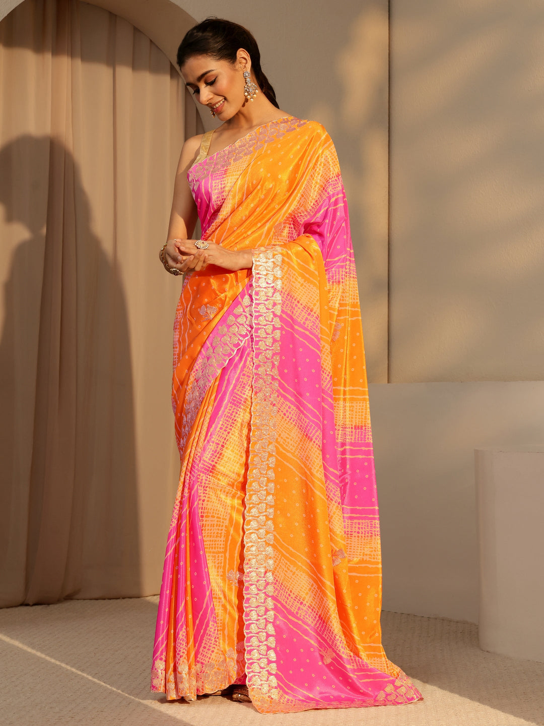  Multi Color Bandhani Printed Satin Saree 