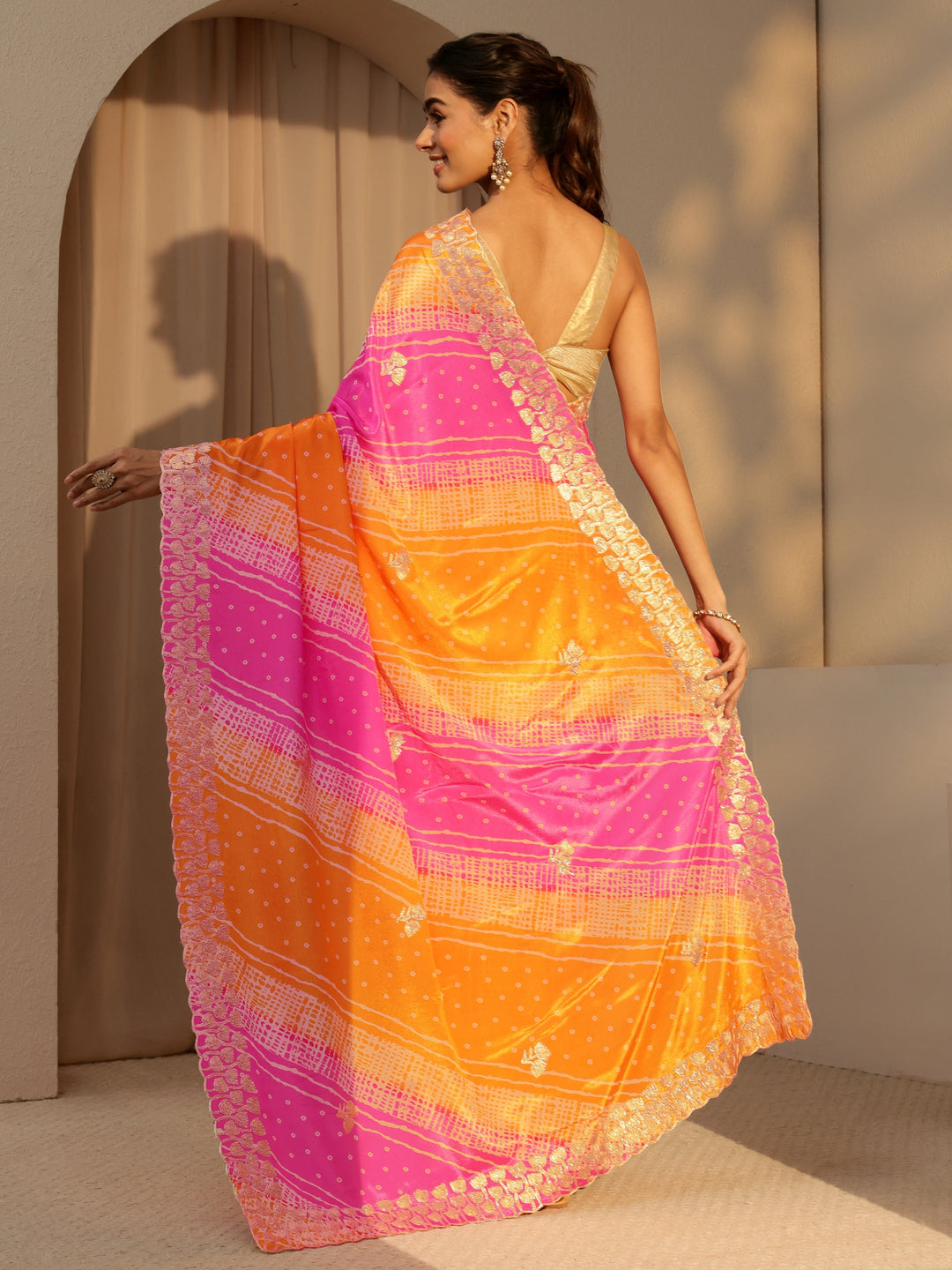  Multi Color Bandhani Printed Satin Saree 