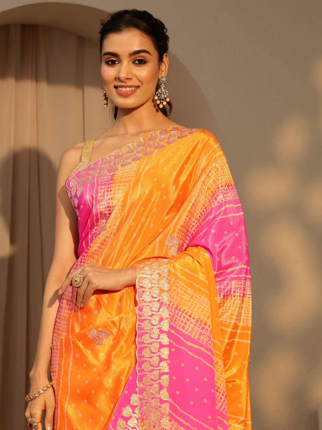 Multi Color Bandhani Printed Satin Saree 