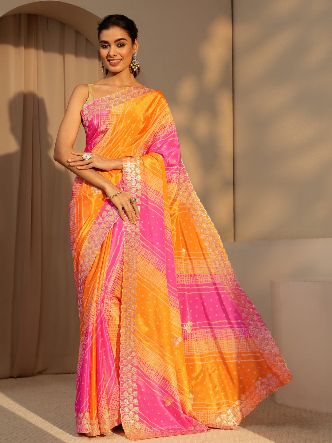  Multi Color Bandhani Printed Satin Saree 