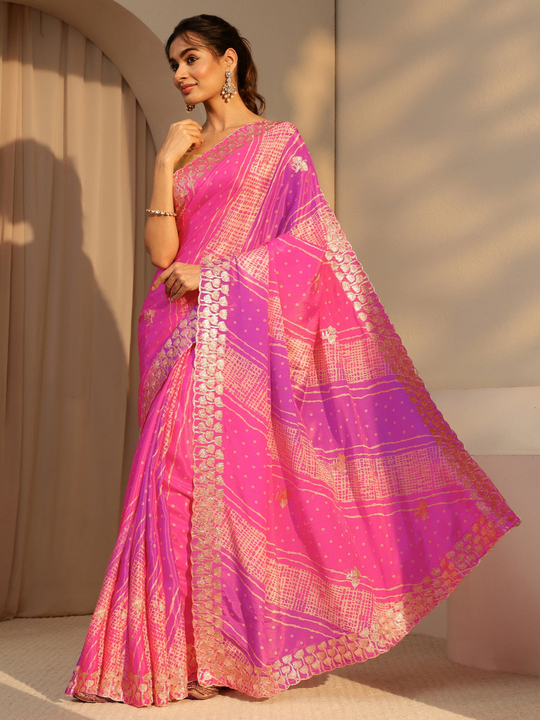  Multi Color Bandhani Printed Satin Saree 
