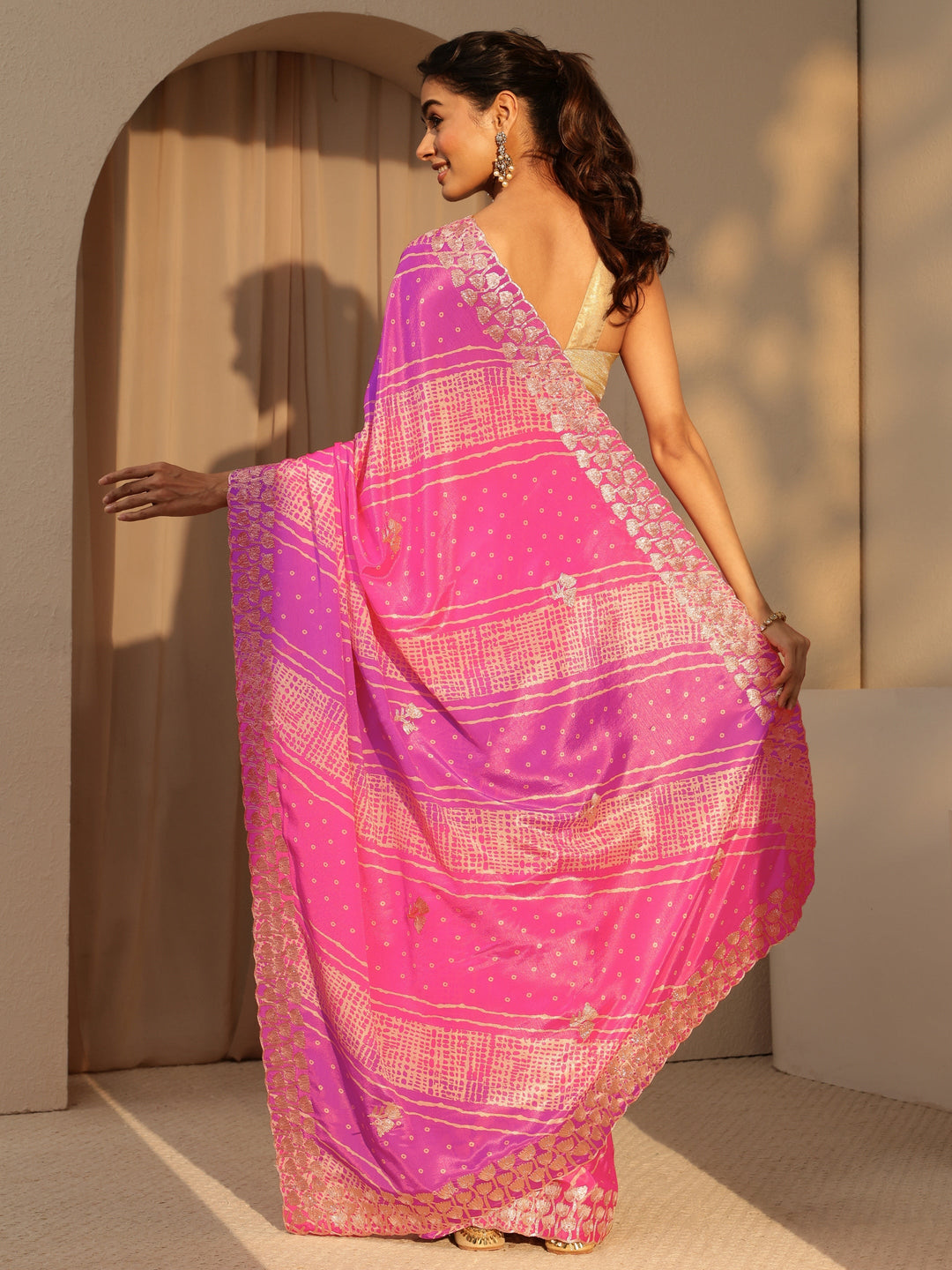  Multi Color Bandhani Printed Satin Saree 
