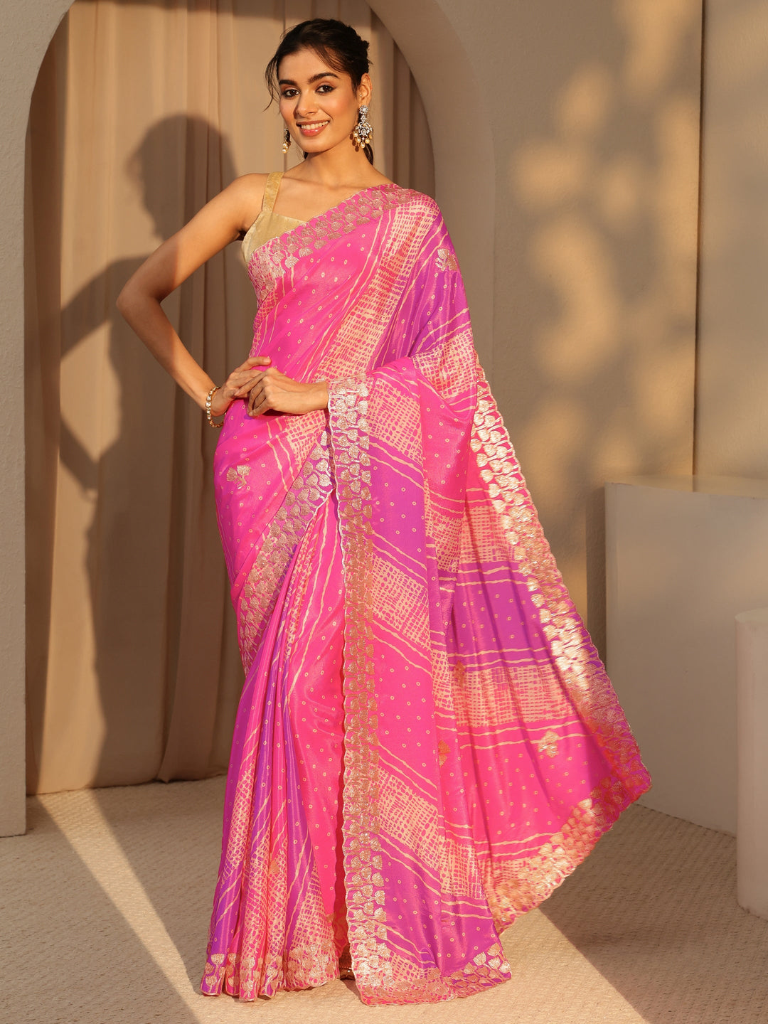  Multi Color Bandhani Printed Satin Saree 