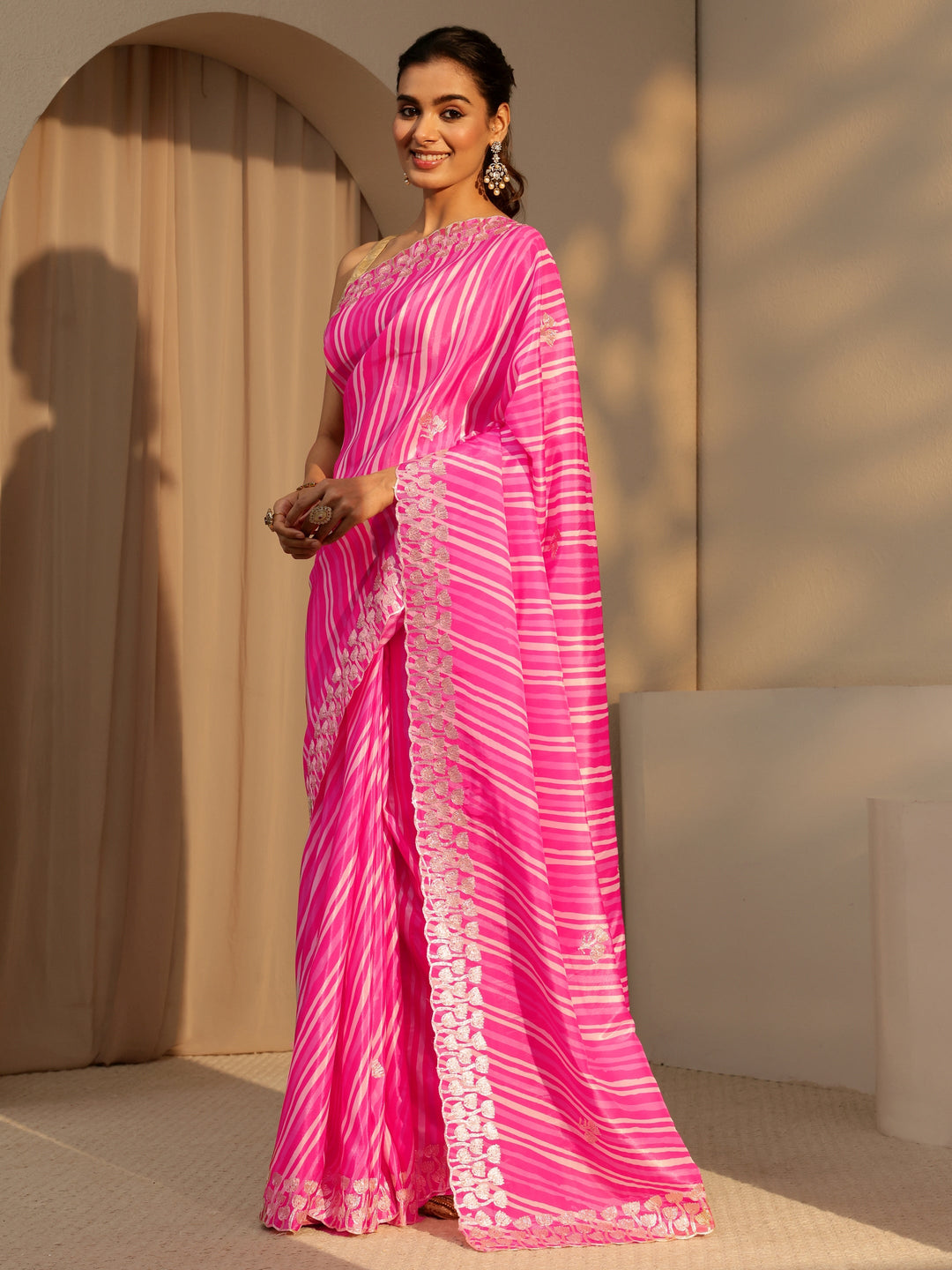  Hot Pink Leheriya Printed Satin Saree 