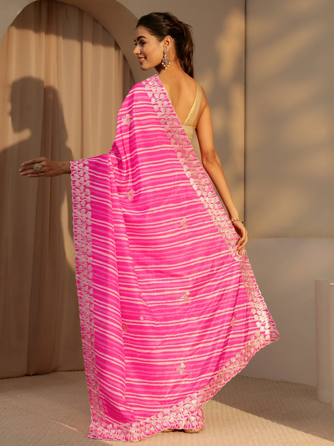  Hot Pink Leheriya Printed Satin Saree 
