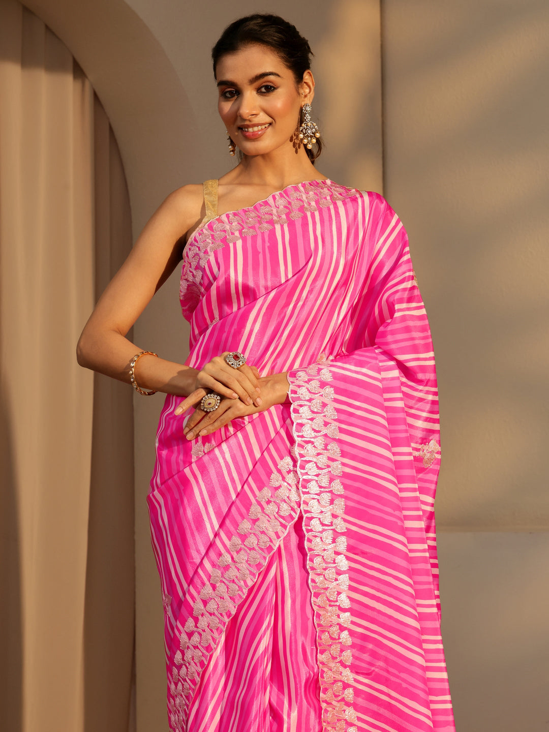  Hot Pink Leheriya Printed Satin Saree 