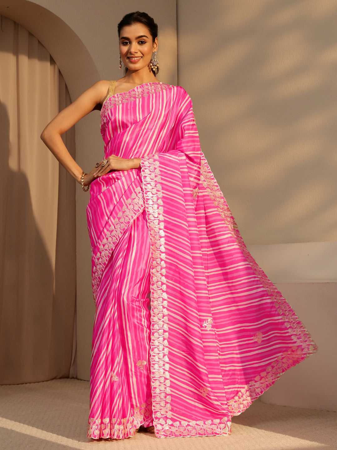  Hot Pink Leheriya Printed Satin Saree 