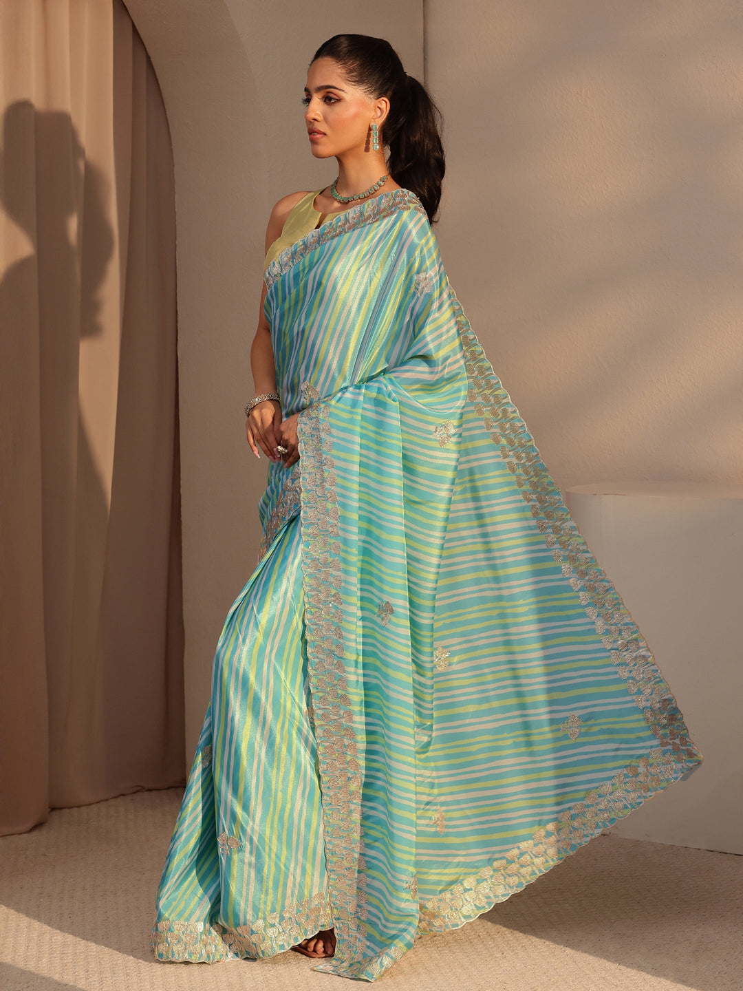  Aqua Blue Leheriya Printed Satin Saree 