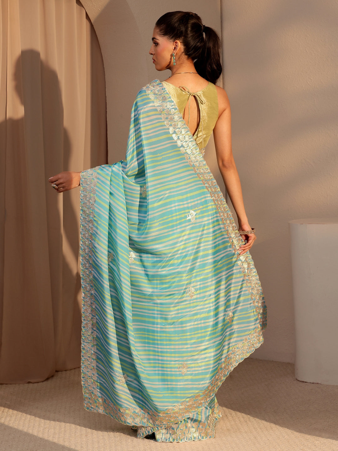  Aqua Blue Leheriya Printed Satin Saree 