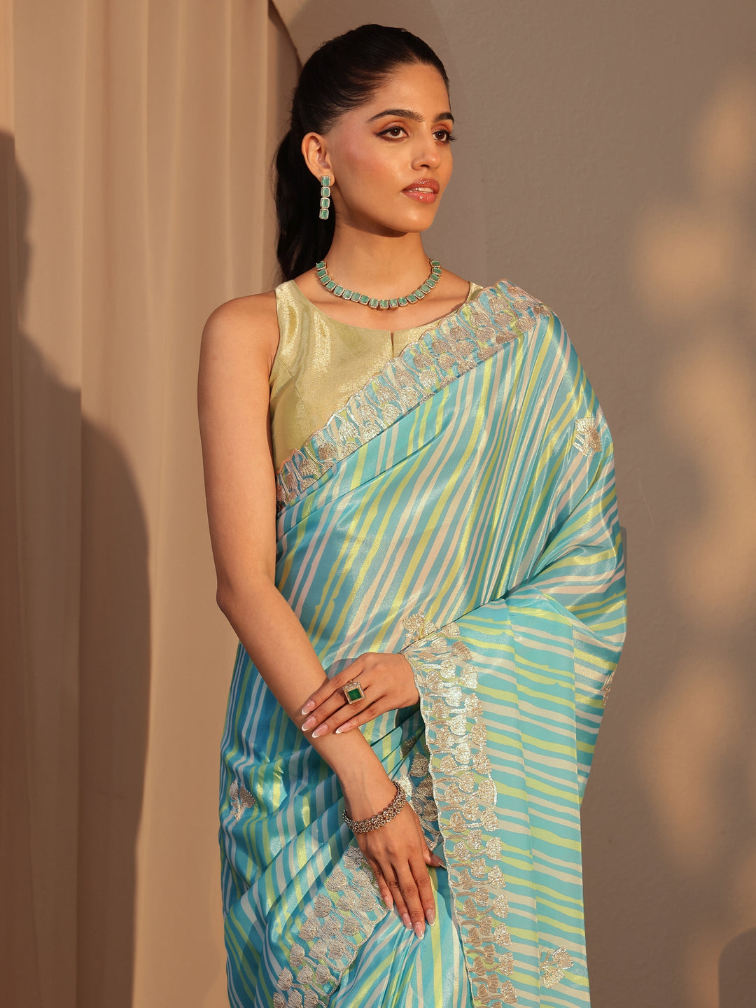  Aqua Blue Leheriya Printed Satin Saree 