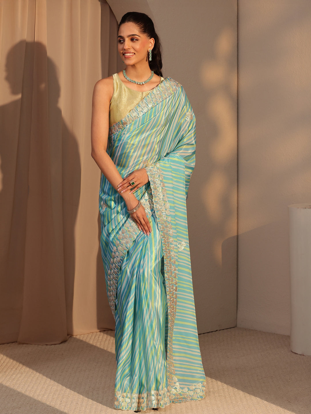  Aqua Blue Leheriya Printed Satin Saree 