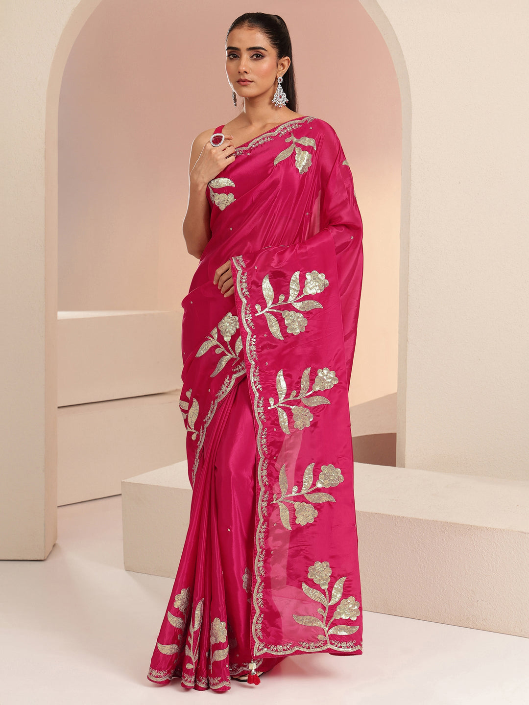  Rani Pink Floral Embellished Satin Saree 