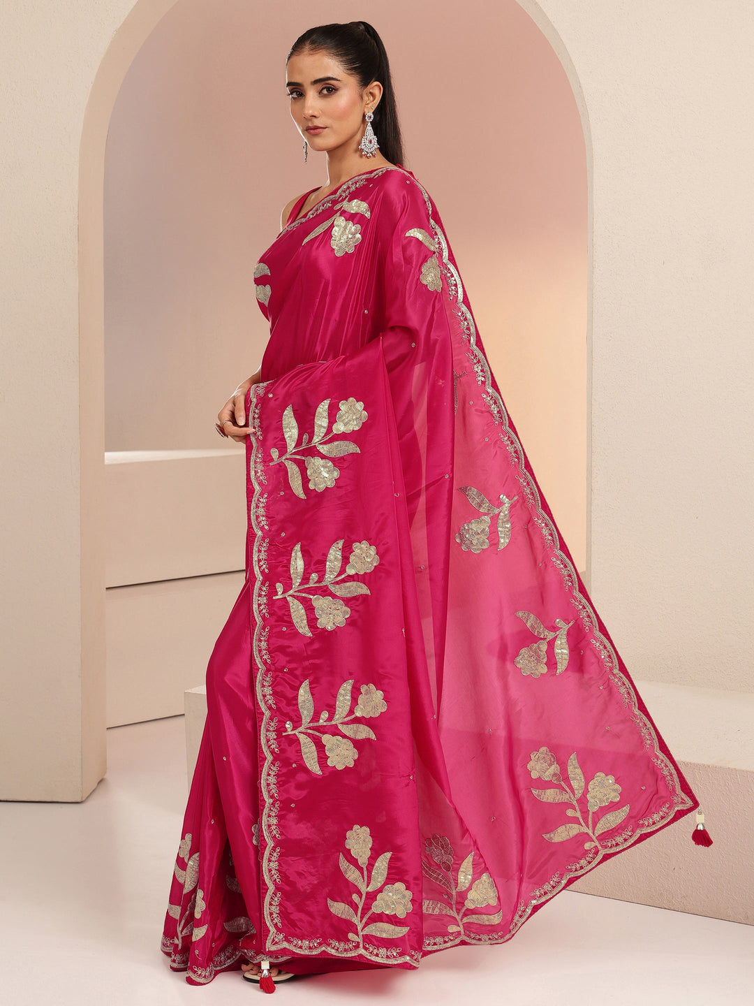  Rani Pink Floral Embellished Satin Saree 