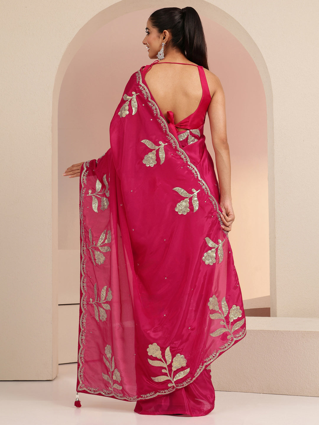  Rani Pink Floral Embellished Satin Saree 