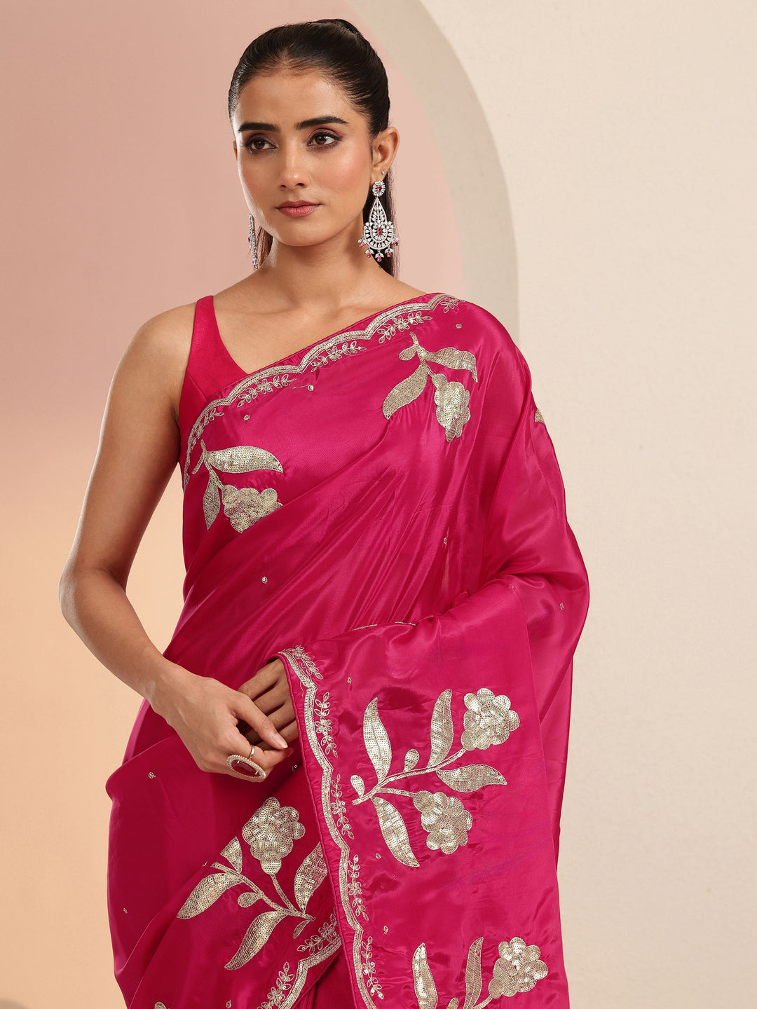  Rani Pink Floral Embellished Satin Saree 