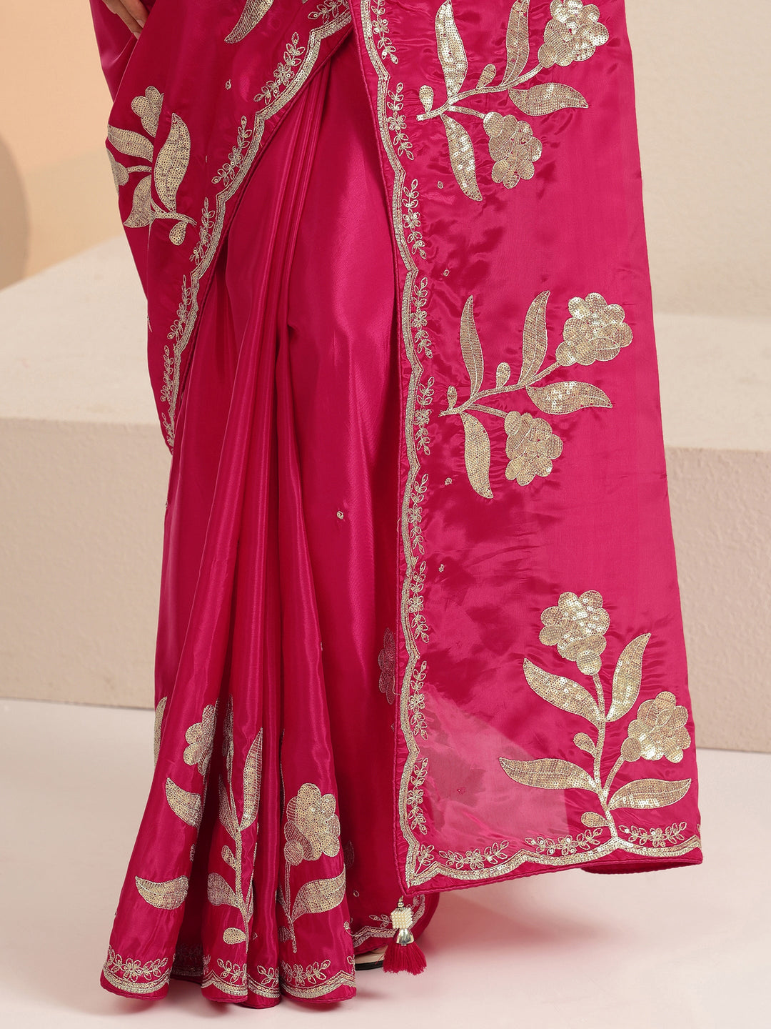  Rani Pink Floral Embellished Satin Saree 
