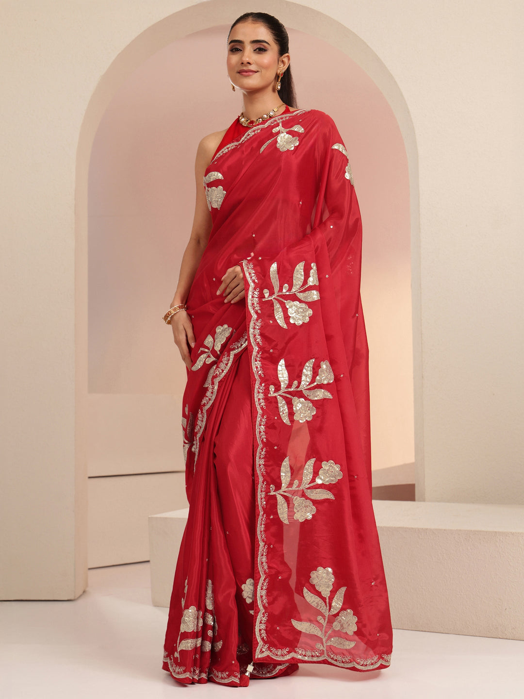 Crimson Red Floral Embellished Satin Saree 