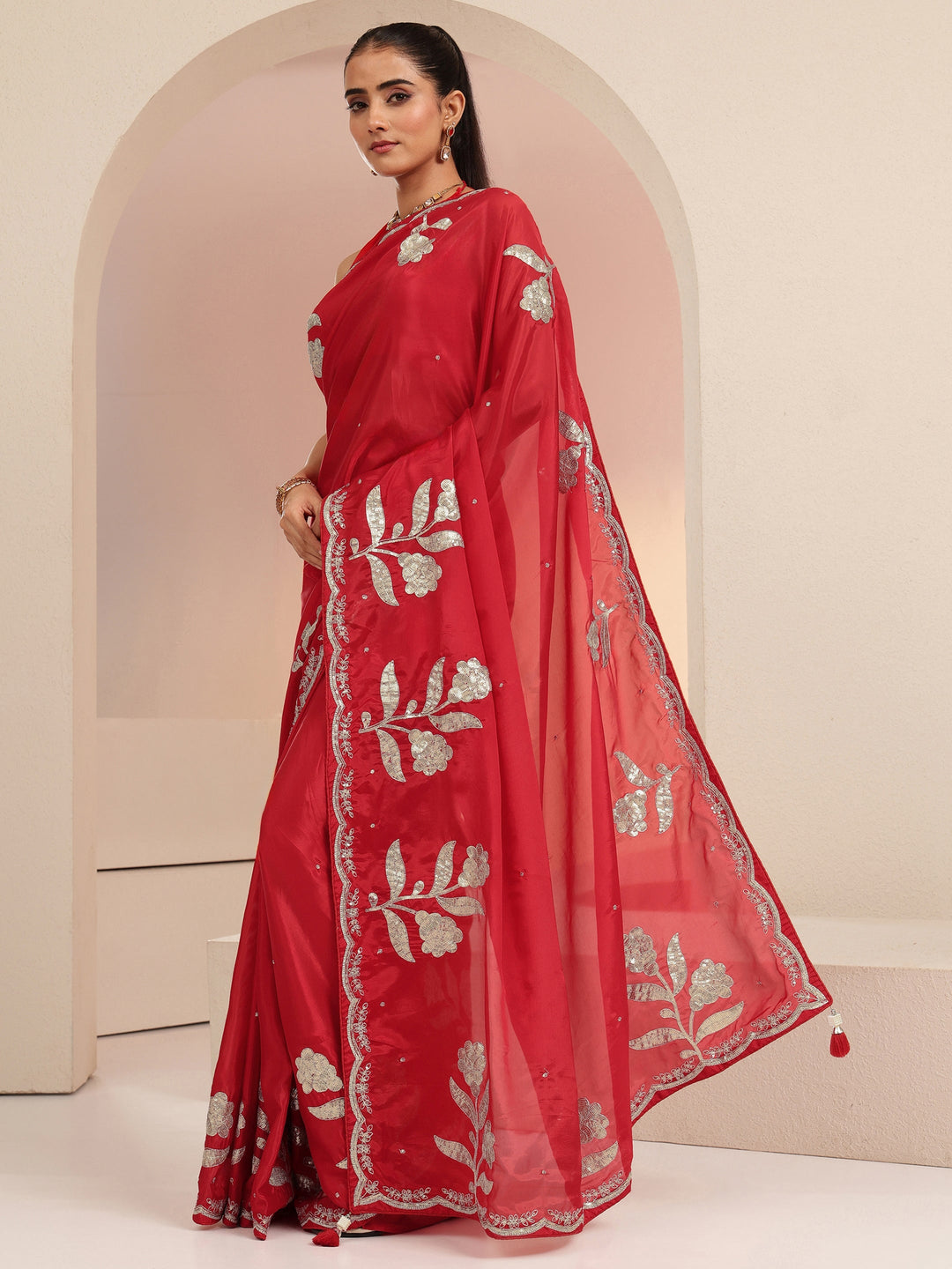  Crimson Red Floral Embellished Satin Saree 