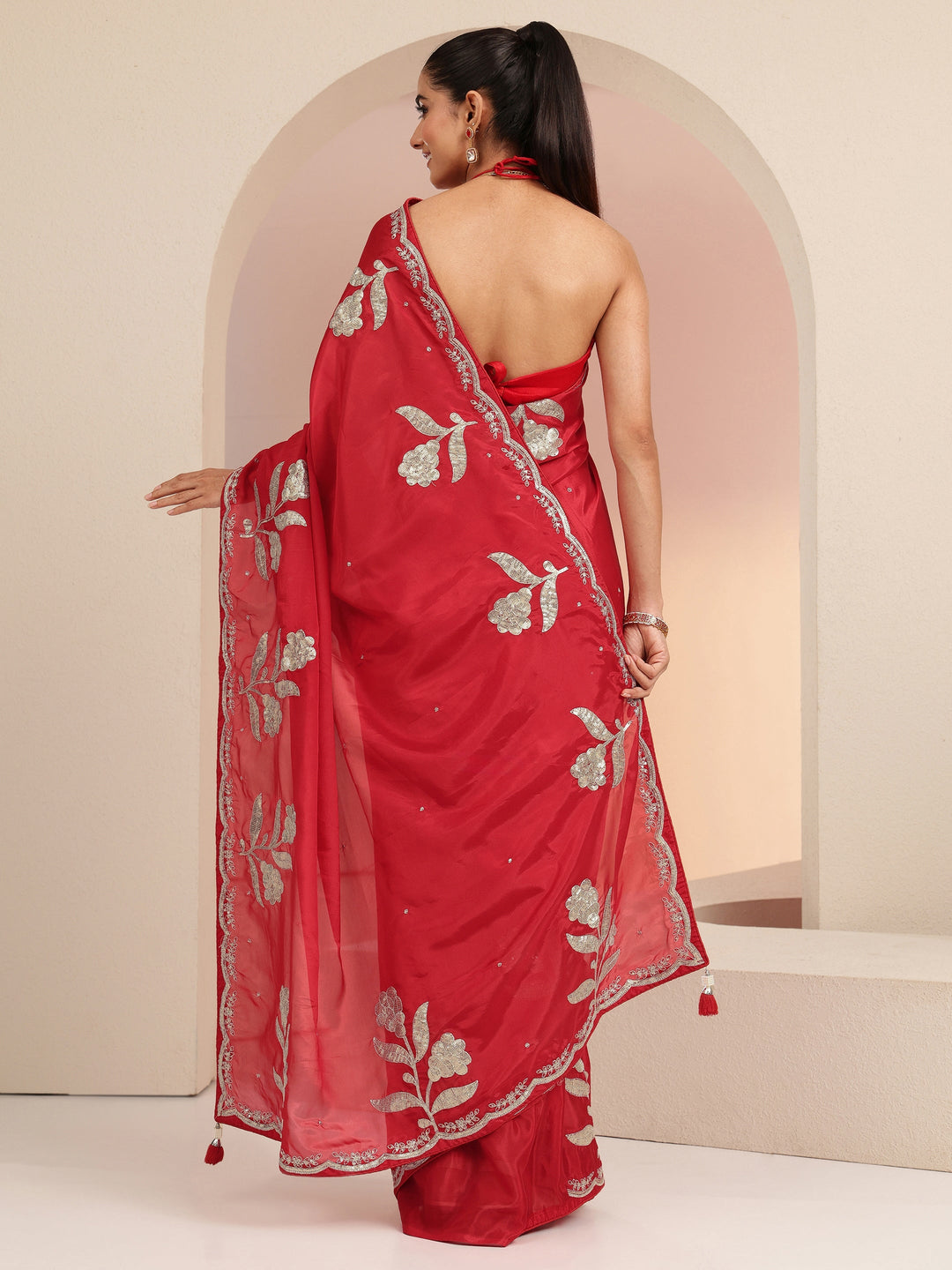  Crimson Red Floral Embellished Satin Saree 