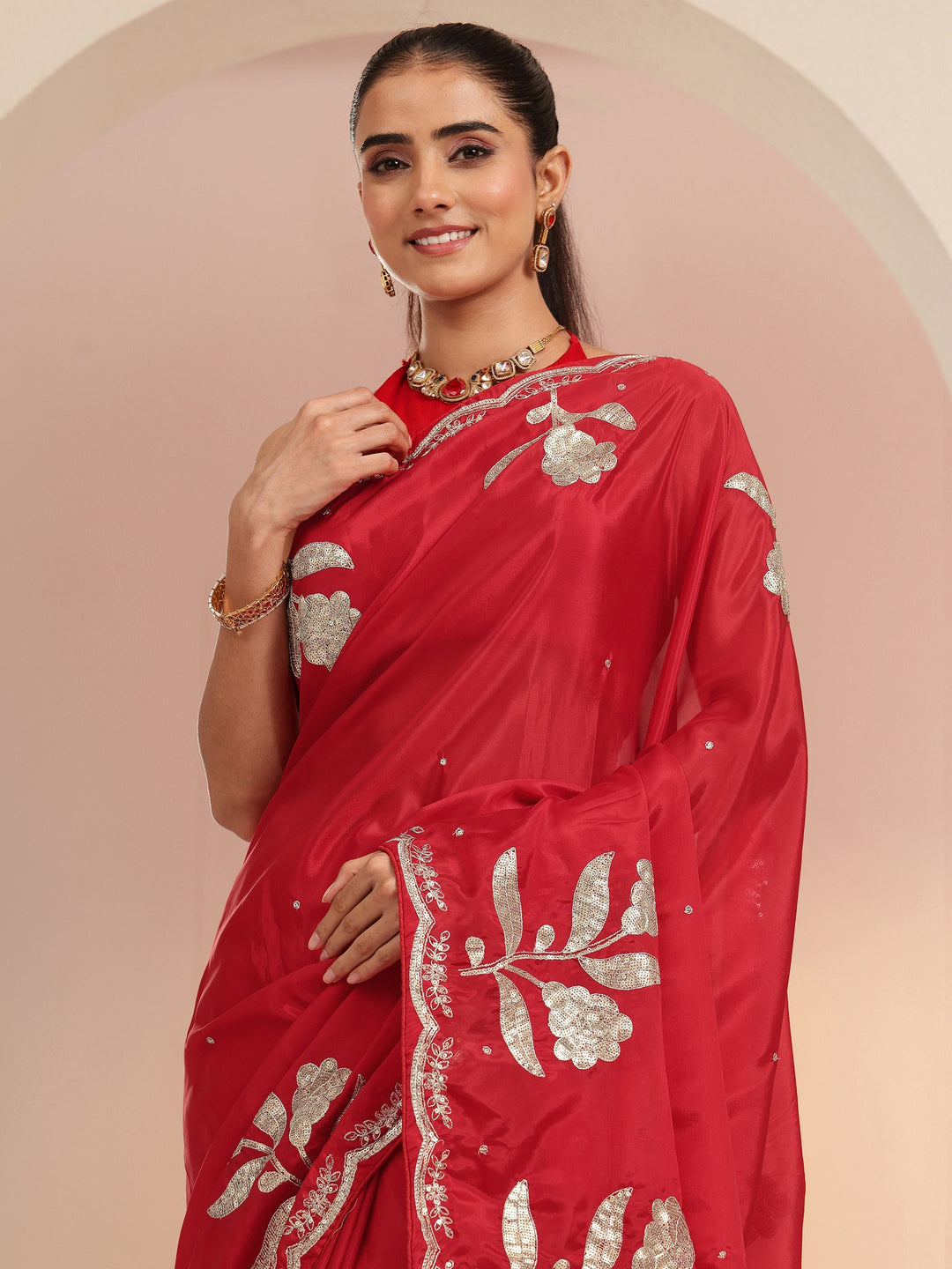  Crimson Red Floral Embellished Satin Saree 